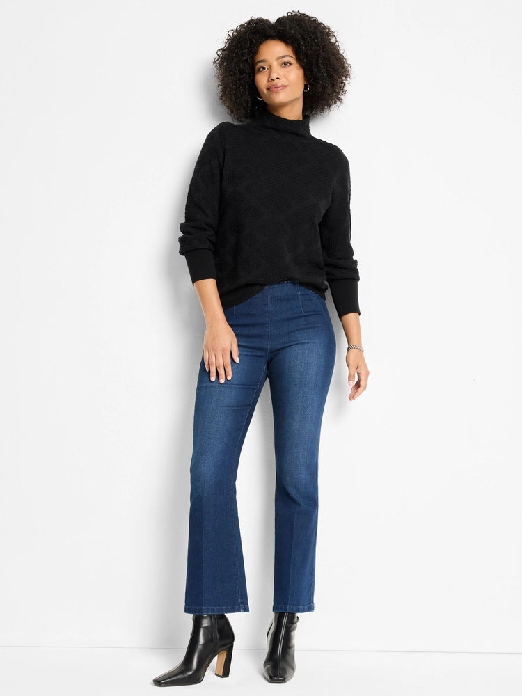 Black high-neck sweater featuring a subtle diamond texture.