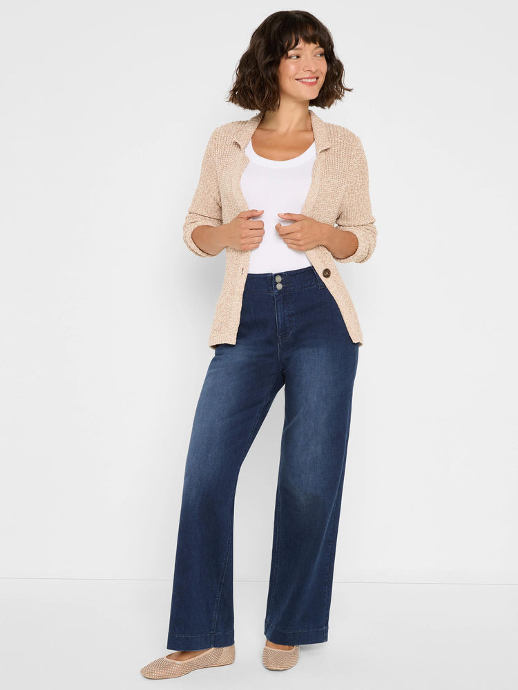 Light tan shaker knit jacket with textured weave, lapels, and a brown button. Shown open.
