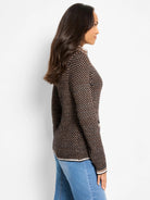 Dark brown & tan brick stitch knit jacket with a repeating textured pattern and light contrast trim at edges.