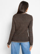 Dark knit jacket with light tan brick stitch pattern. Striped trim on collar, cuffs, and hem.