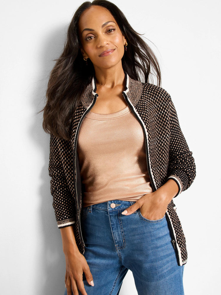 Black and tan "brick stitch" knit jacket with full zip, black and white striped collar and cuffs.