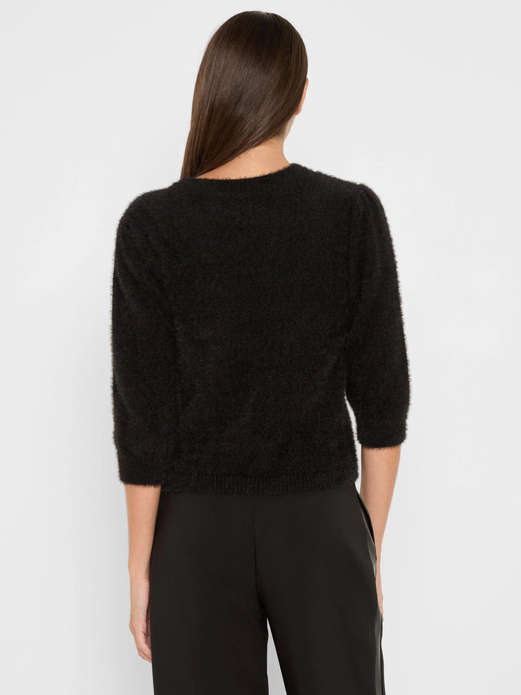 Black, fuzzy sweater with 3/4 length sleeves, modeled from the back.