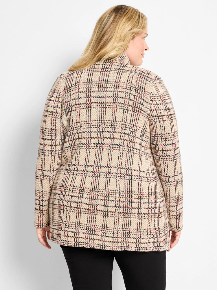 Beige knit blazer, back view, with textured plaid in black, red, & light pink.