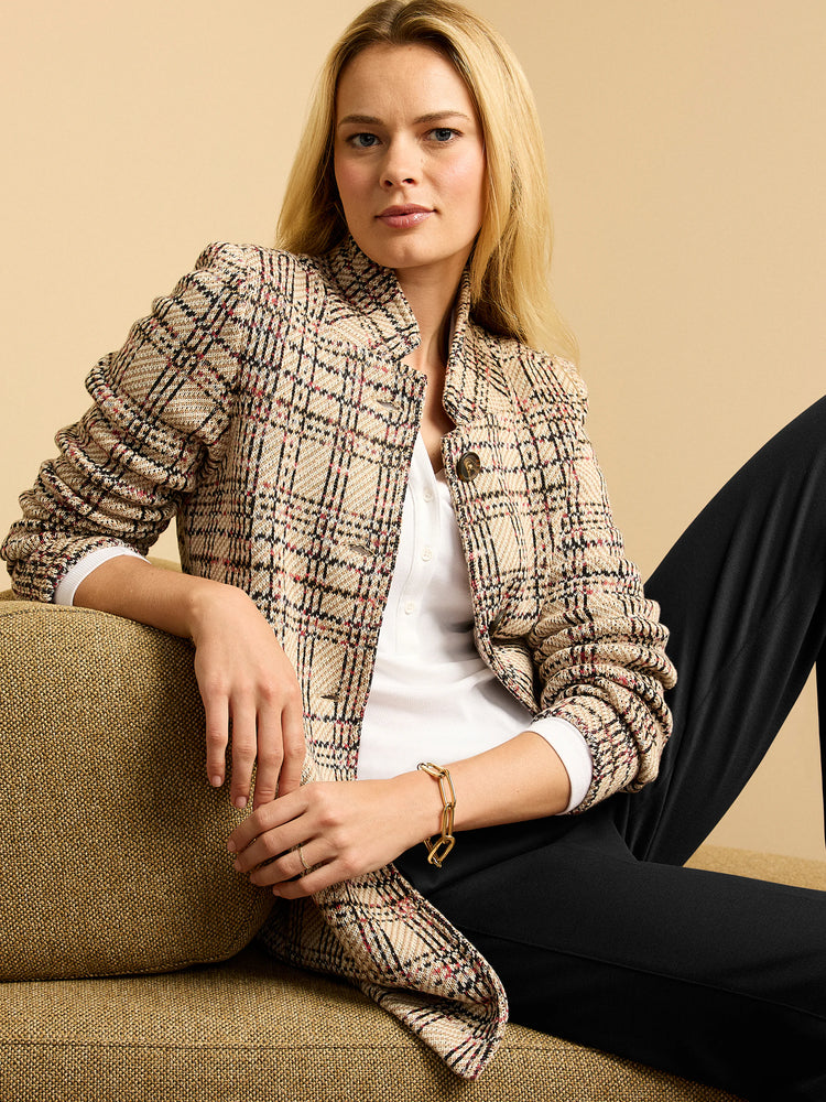 Beige knit plaid blazer with black and red lines, band collar, and gathered sleeves.