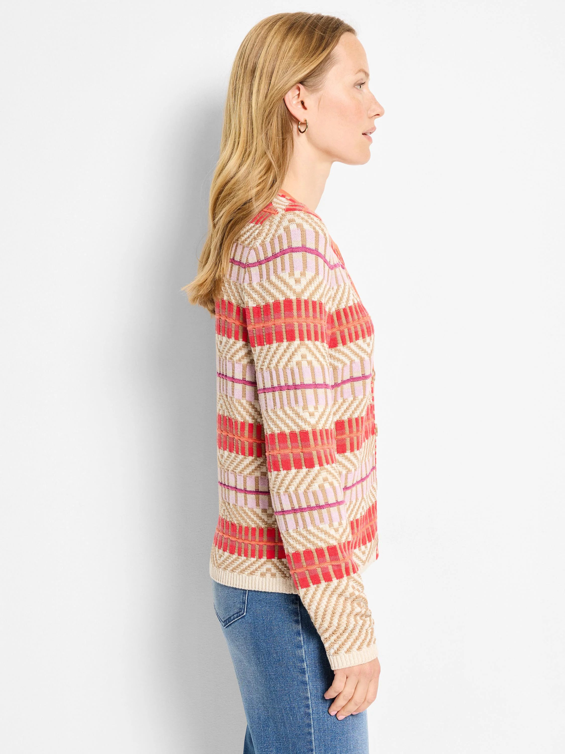 Tan, coral, light pink, magenta geometric knit cardigan with button front.