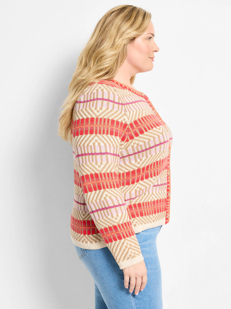 Cream, red-orange, and pink geometric knit cardigan featuring horizontal stripes and diamond patterns.