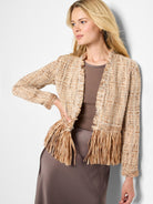 Beige knit jacket with tan fringe trim.  Open front, three-quarter sleeves.