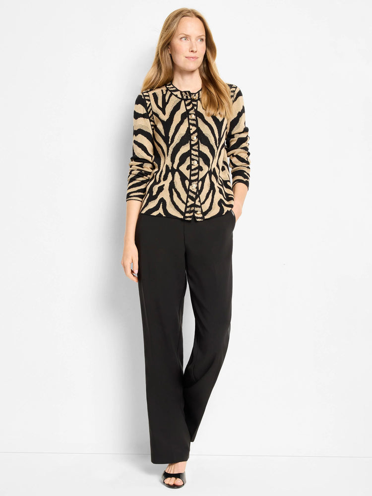Tan and black zebra stripe button-front cardigan with long sleeves.