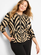 Black and tan zebra print jacquard cardigan with 3/4 sleeves and light gold buttons.