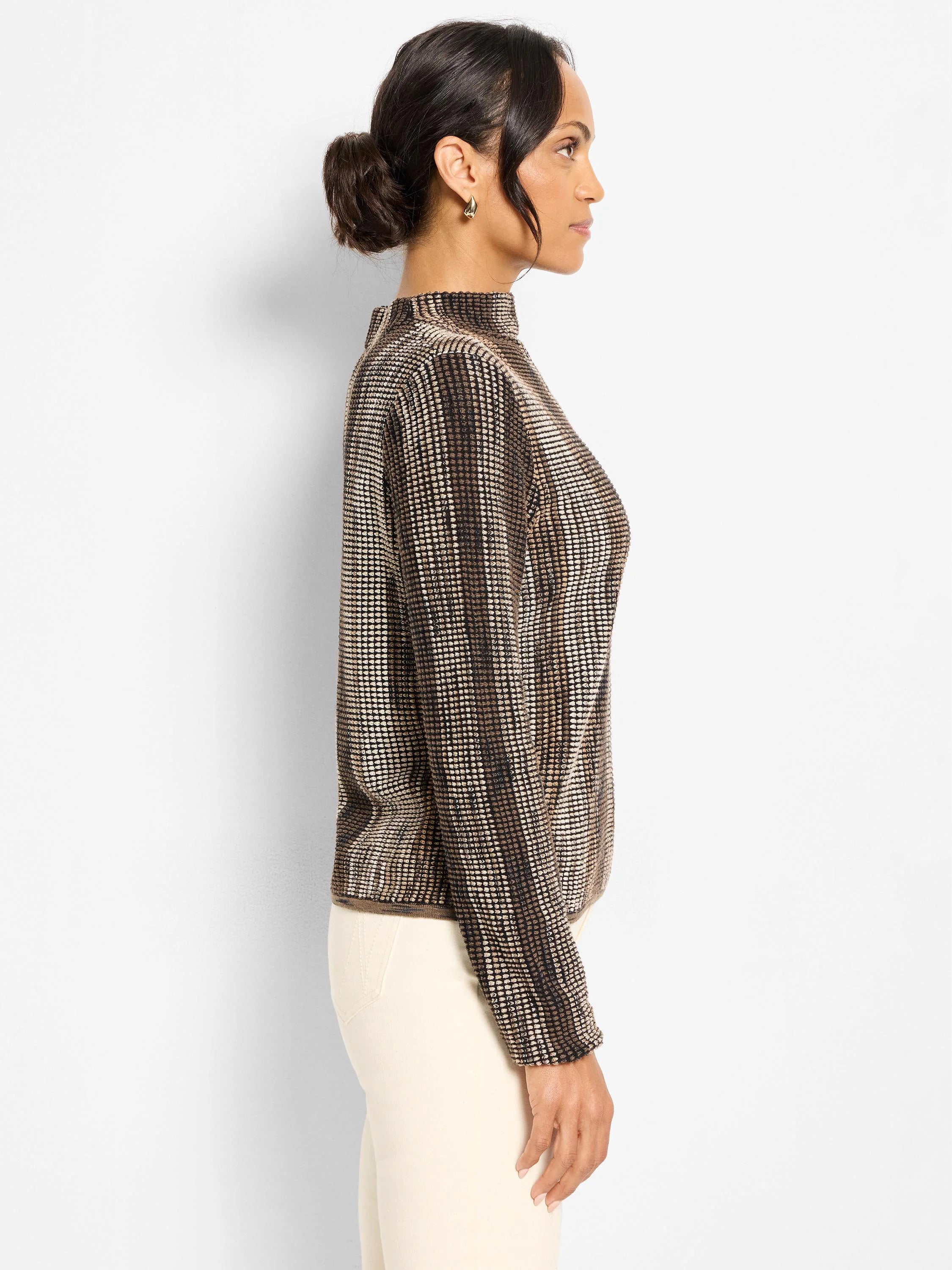 Ombre mock-neck sweater with pixel knit pattern in shades from light tan to dark brown.