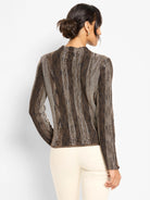 Brown pixel knit sweater with an ombre effect, featuring vertical stripes of light and dark brown dots.
