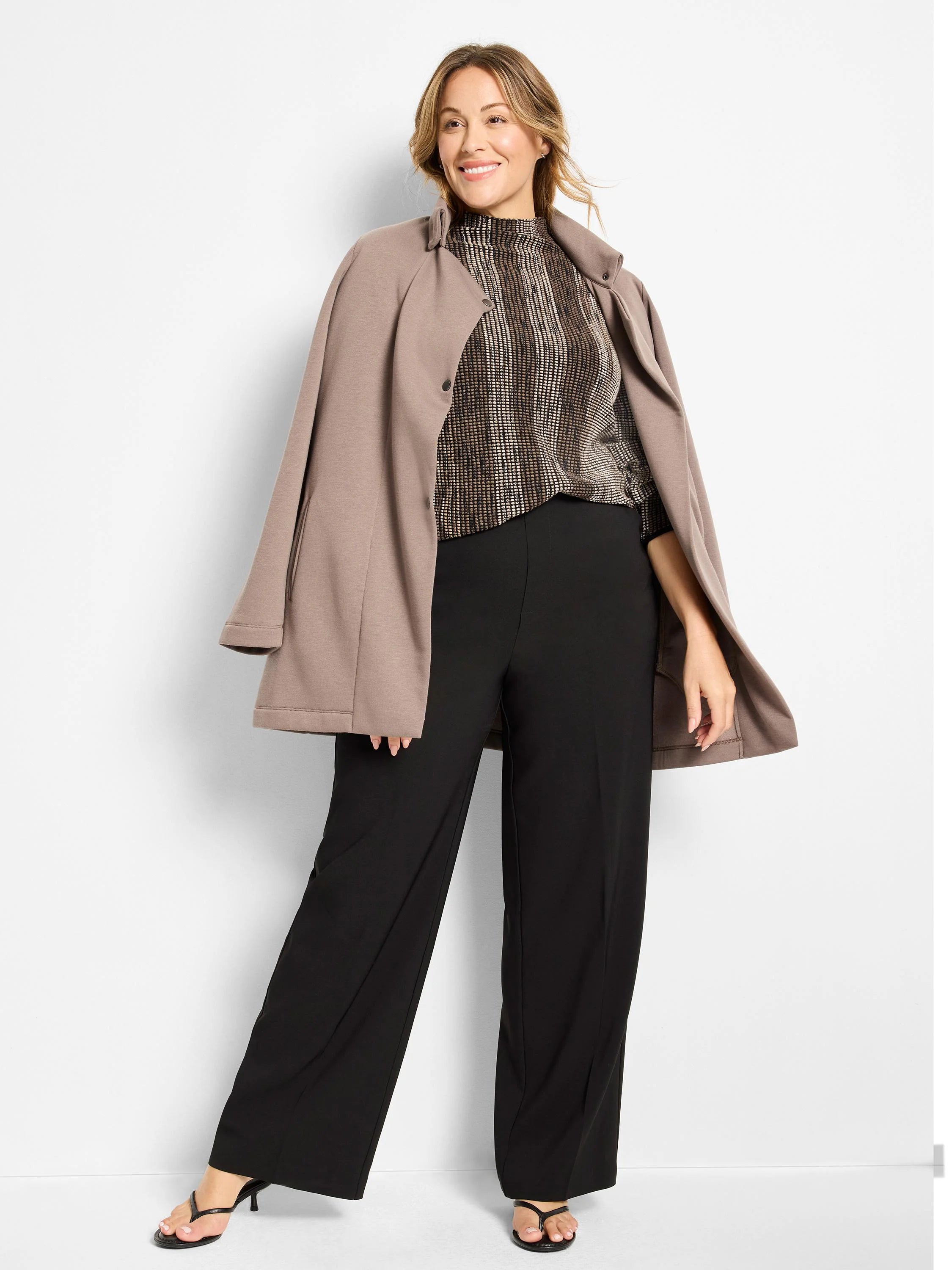 High neck ombre pixel knit sweater in brown, beige, and black gradient pattern.