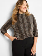 Black & tan ombre pixel knit sweater with mock neck and 3/4 ruched sleeves.
