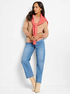 Tan waffle-knit cotton sweater with ribbed cuffs and hem.