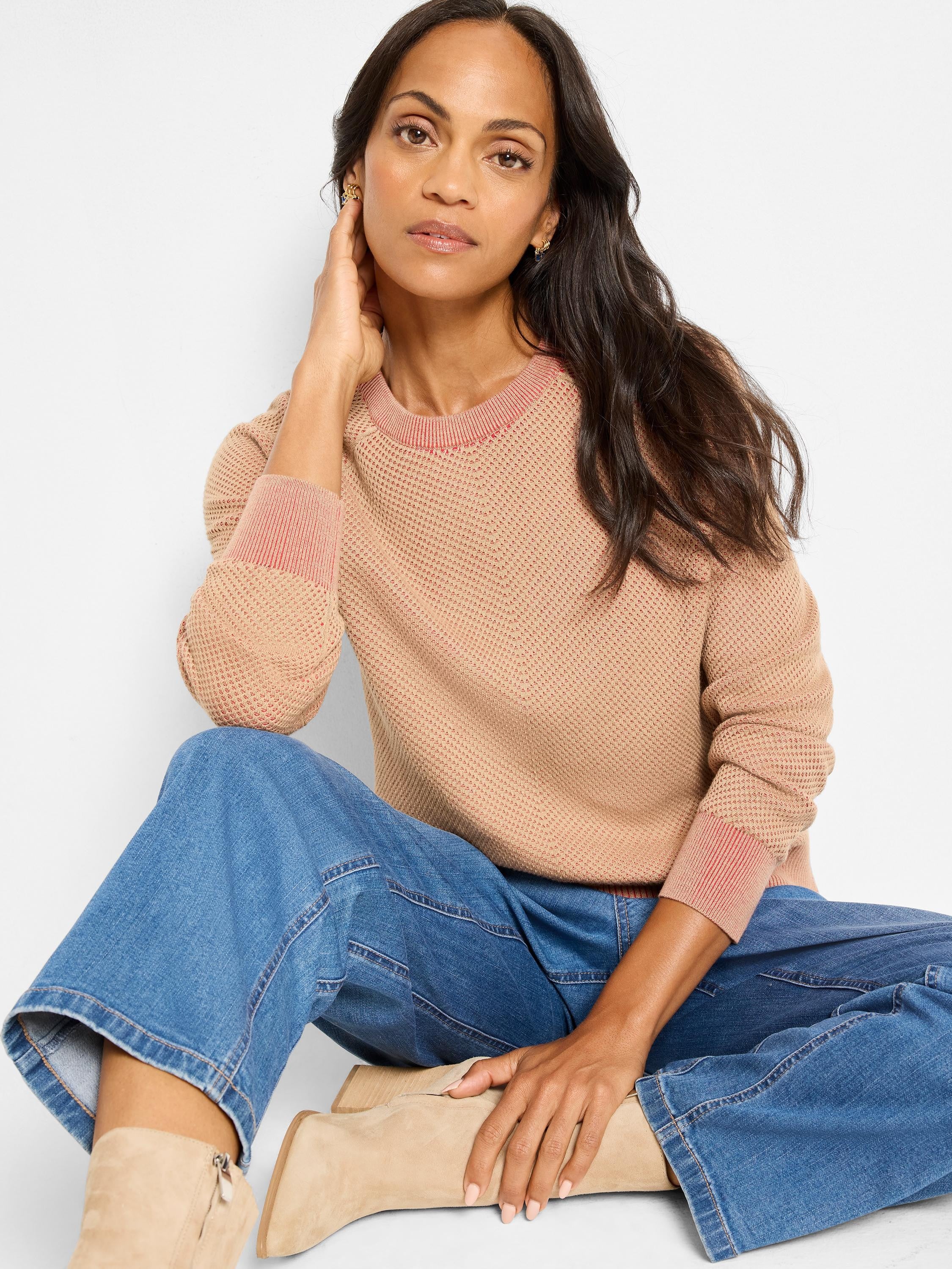 Light beige textured cotton sweater with coral-pink ribbed collar & cuffs.