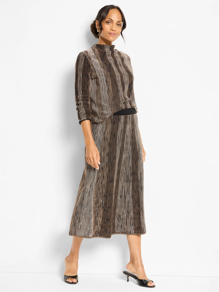 Brown ombre pixel knit midi skirt with a speckled, vertical striped pattern, darker at the waist, lighter at the hem.
