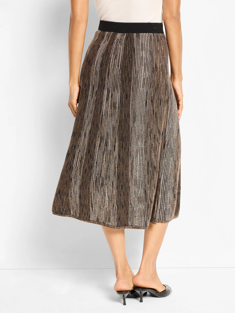 Midi A-line knit skirt. Ombre pixel pattern, dark brown fading to light beige, with a black waistband.