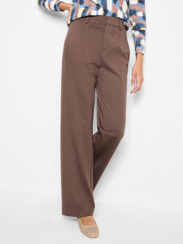 Brown, drapey wide-leg trousers with a flat front waist.