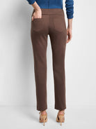 Brown straight-leg pants; back view shows pull-on waistband and back pockets.