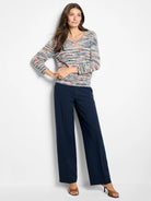 Dark blue wide-leg pants with a smooth, full-length cut.