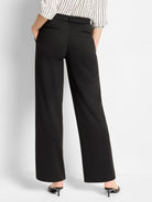 Black wide-leg pants with a center front closure and back pockets.  The pants have a subtle sheen.