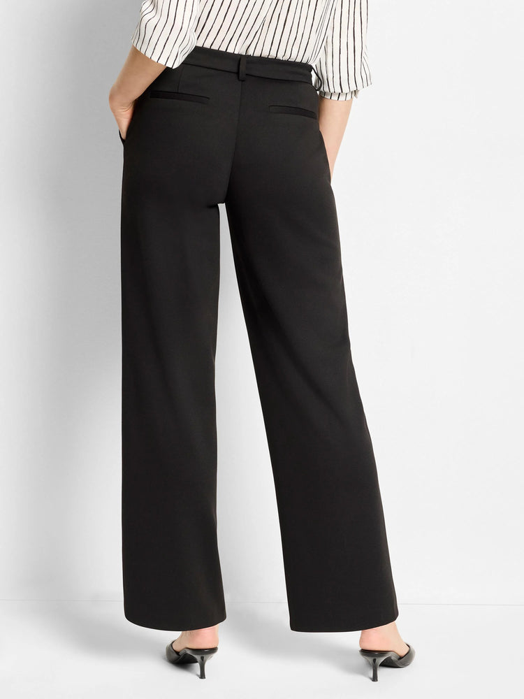 Black wide-leg pants with a center front closure and back pockets.  The pants have a subtle sheen.