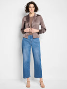 Mauve satin tuxedo jacket, notched lapels, long sleeves.