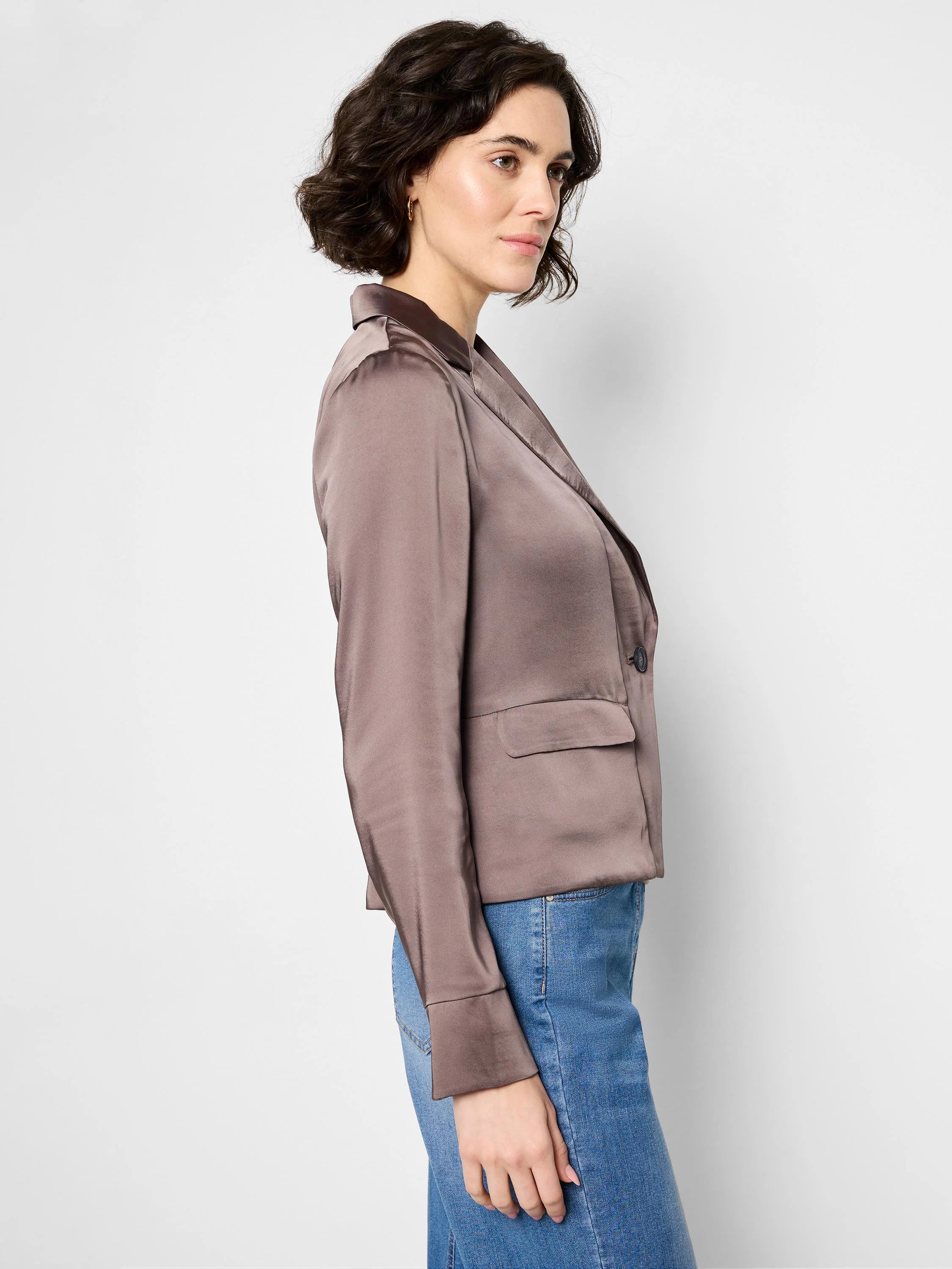 Mauve satin tuxedo jacket, long sleeves, notched collar, single button closure, welt pockets.