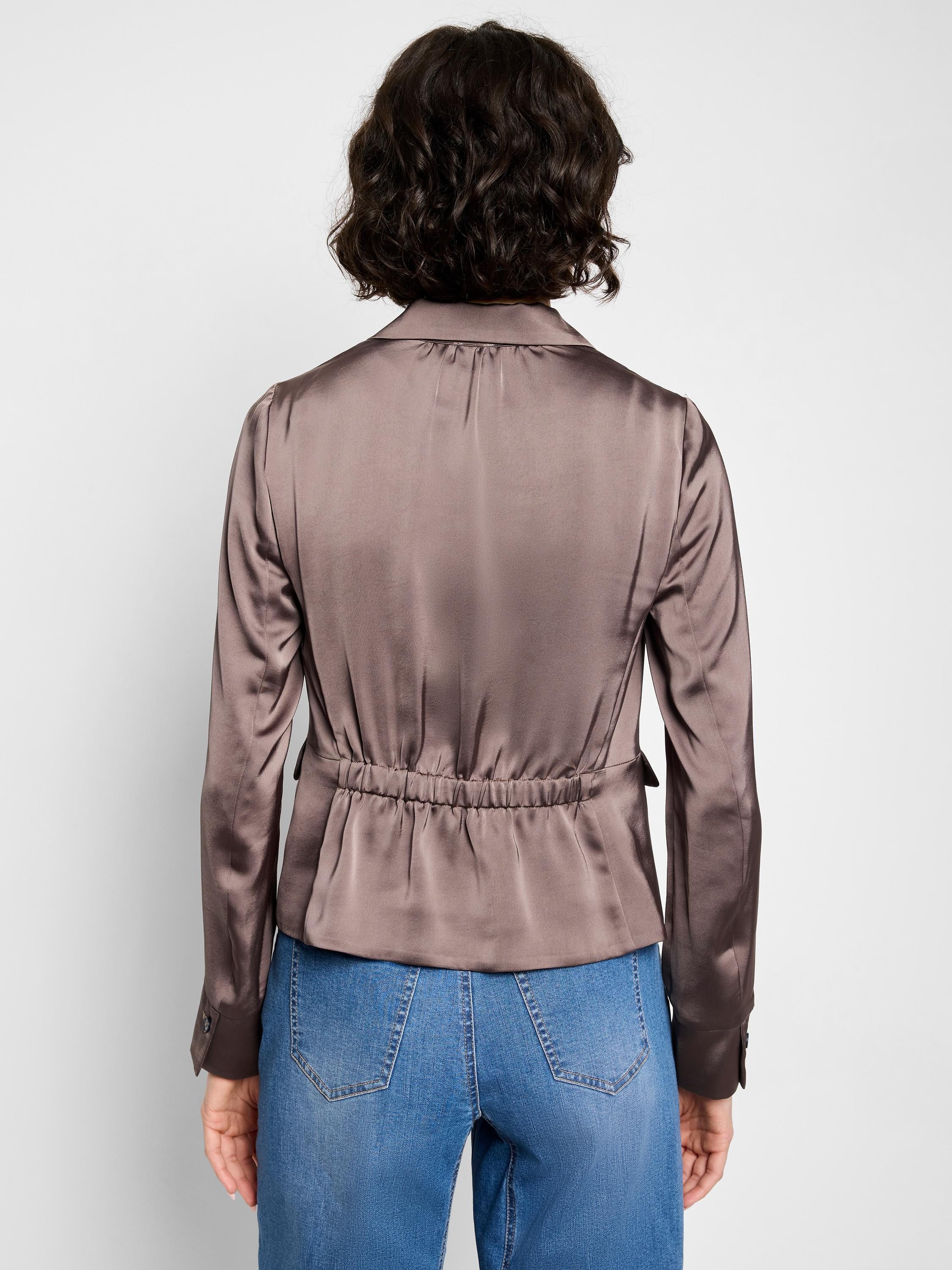 Mauve satin tuxedo jacket with long sleeves, button cuffs, and a cinched back.