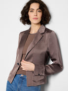 Mauve satin tuxedo jacket, single button, notched lapels, long sleeves.