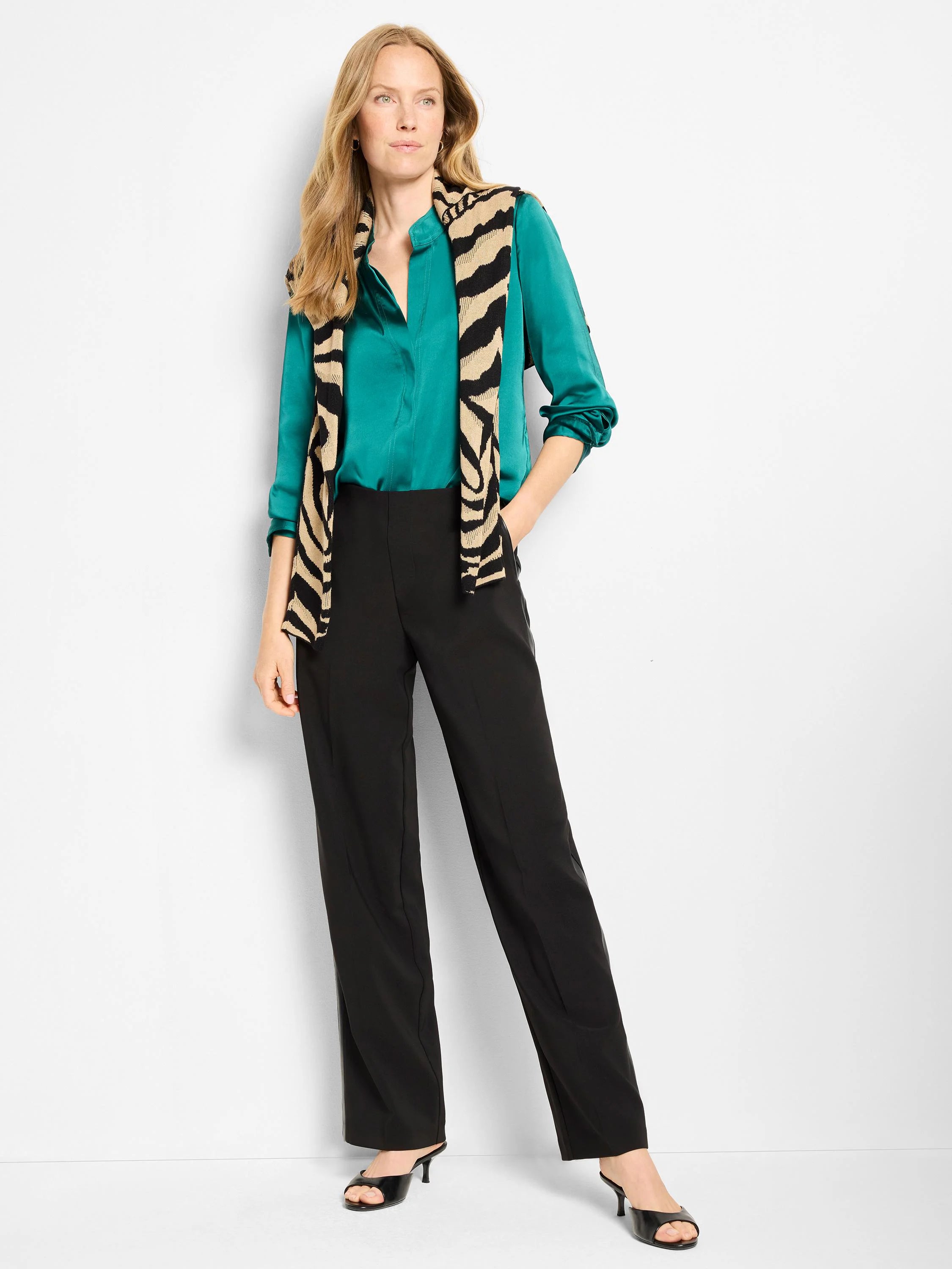 Teal glossy shirt with a band collar and long sleeves.