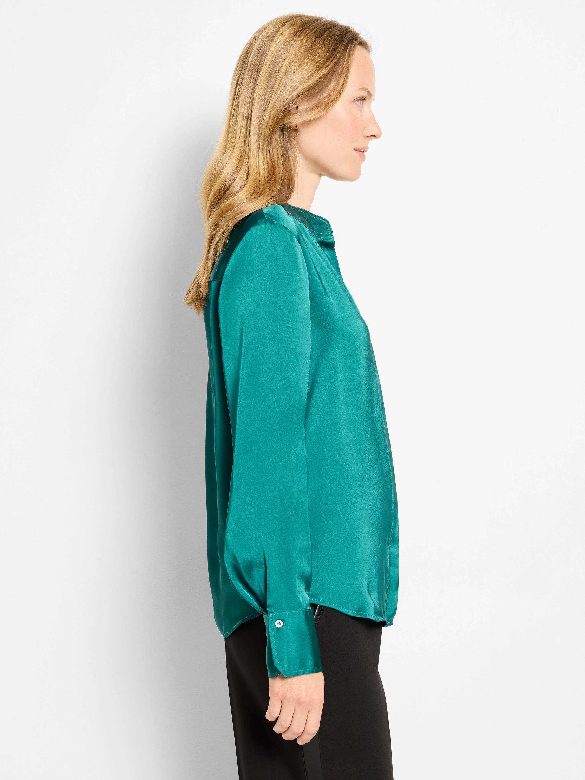 Teal glossy long-sleeved collared shirt with buttoned cuffs.
