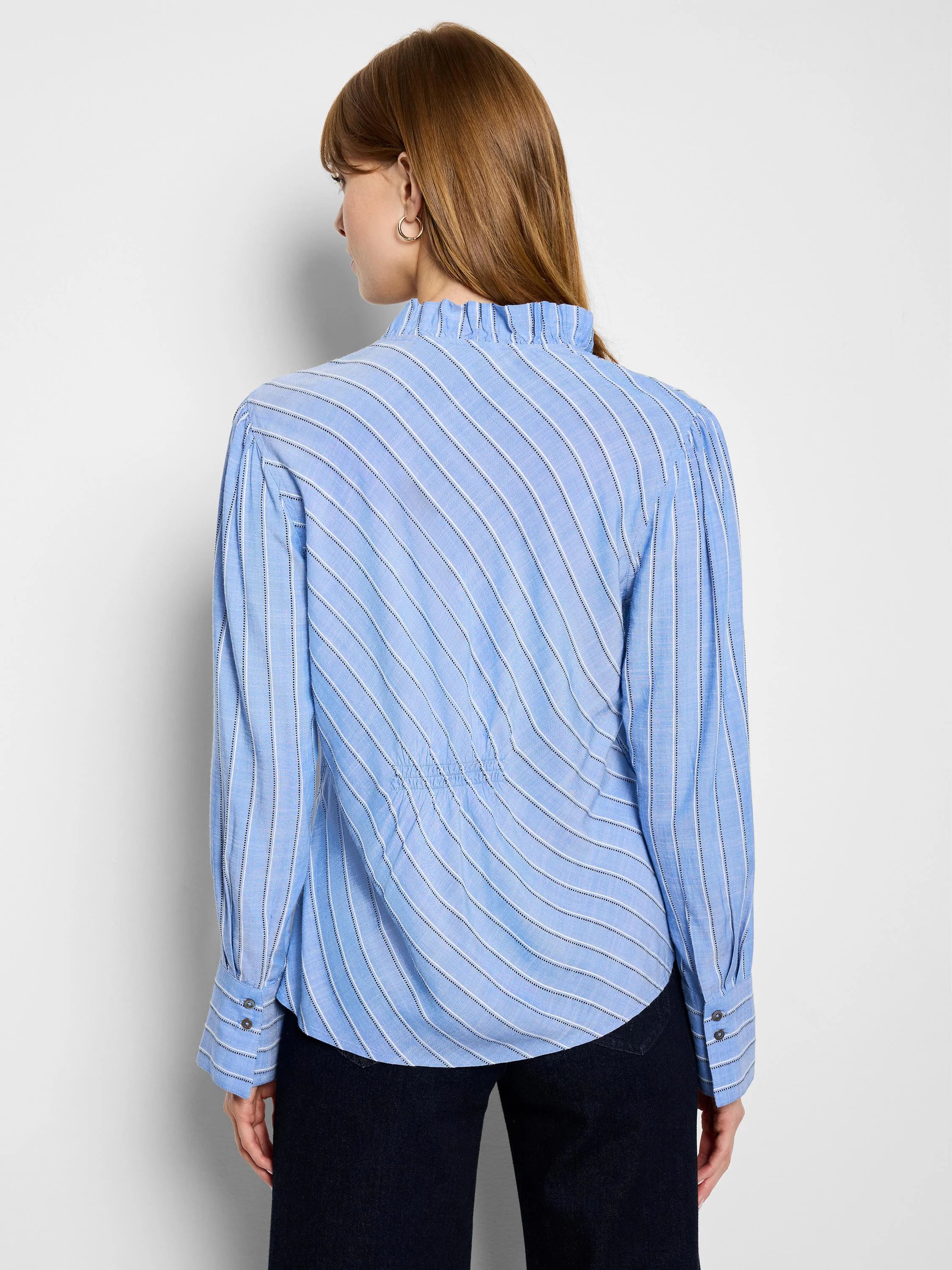 Blue and white striped blouse with ruffled neckline and long sleeves.  The stripes are diagonal.
