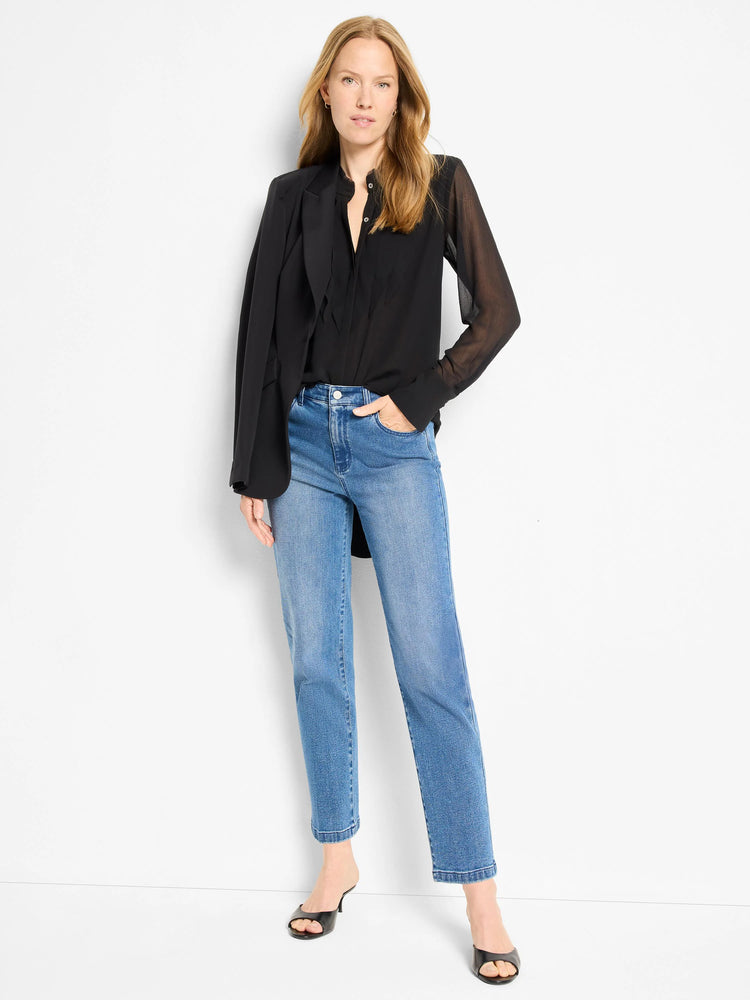 Black chiffon long-sleeve top with sheer sleeves and a button-front.