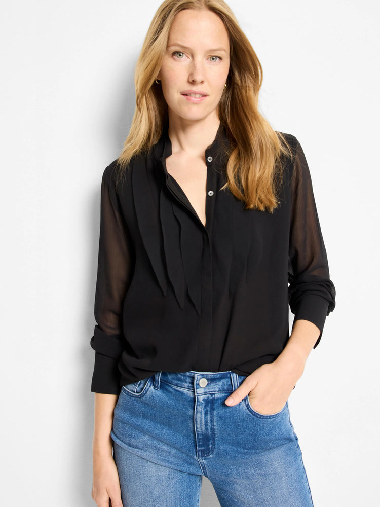 Black chiffon top with a band collar, pleated front placket, 3 white buttons, and sheer long sleeves.
