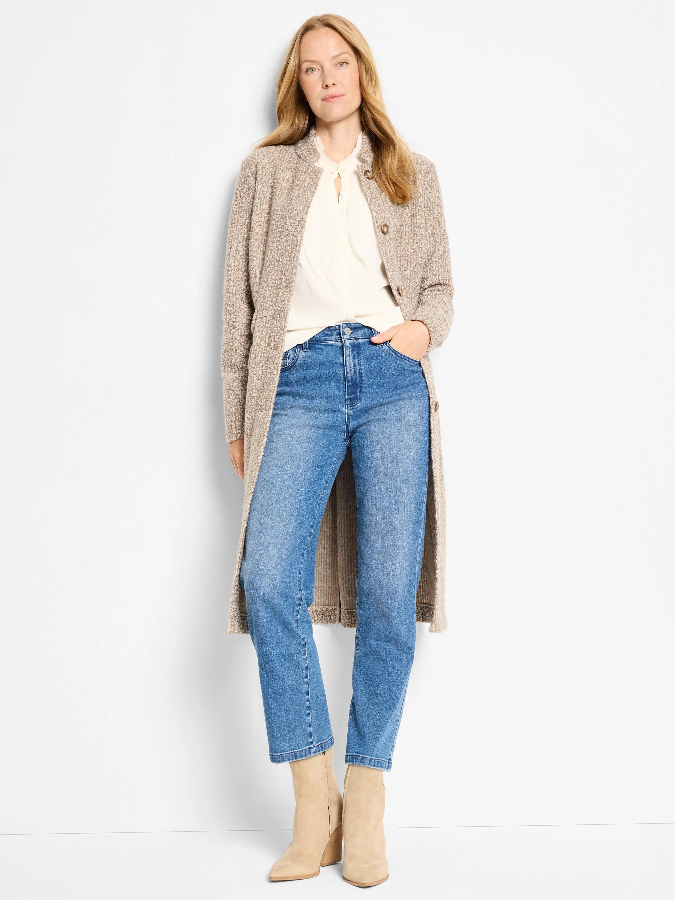 Off-white chiffon long-sleeve top with a ruffled stand collar and partial button placket.