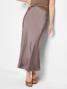 Mauve midi slip skirt in satin.  A-line silhouette.