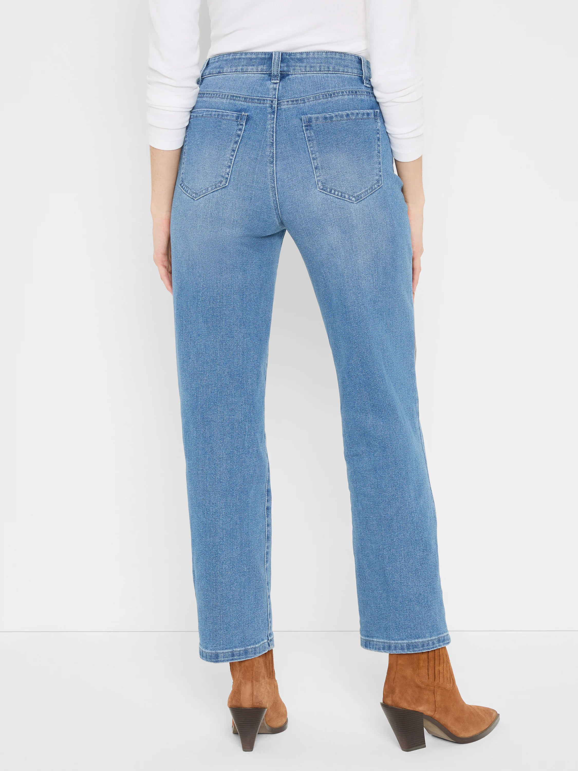 Medium blue denim straight ankle jeans, back view. Features two back pockets, belt loops, and subtle fading.