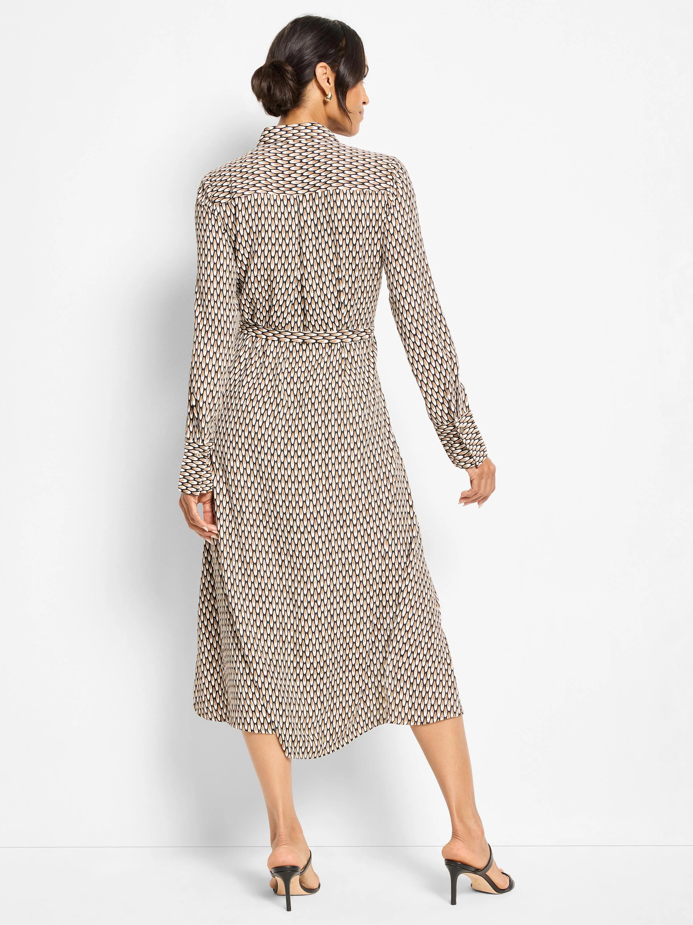 Black, beige, & brown midi shirt dress with abstract dot pattern. Long sleeves, collared, and a belted waist.