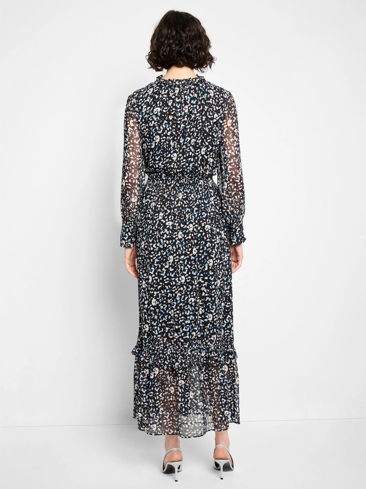 Black maxi dress, abstract blue/white/tan print. Ruffled neck, sheer sleeves, elastic waist, ruffled hem.