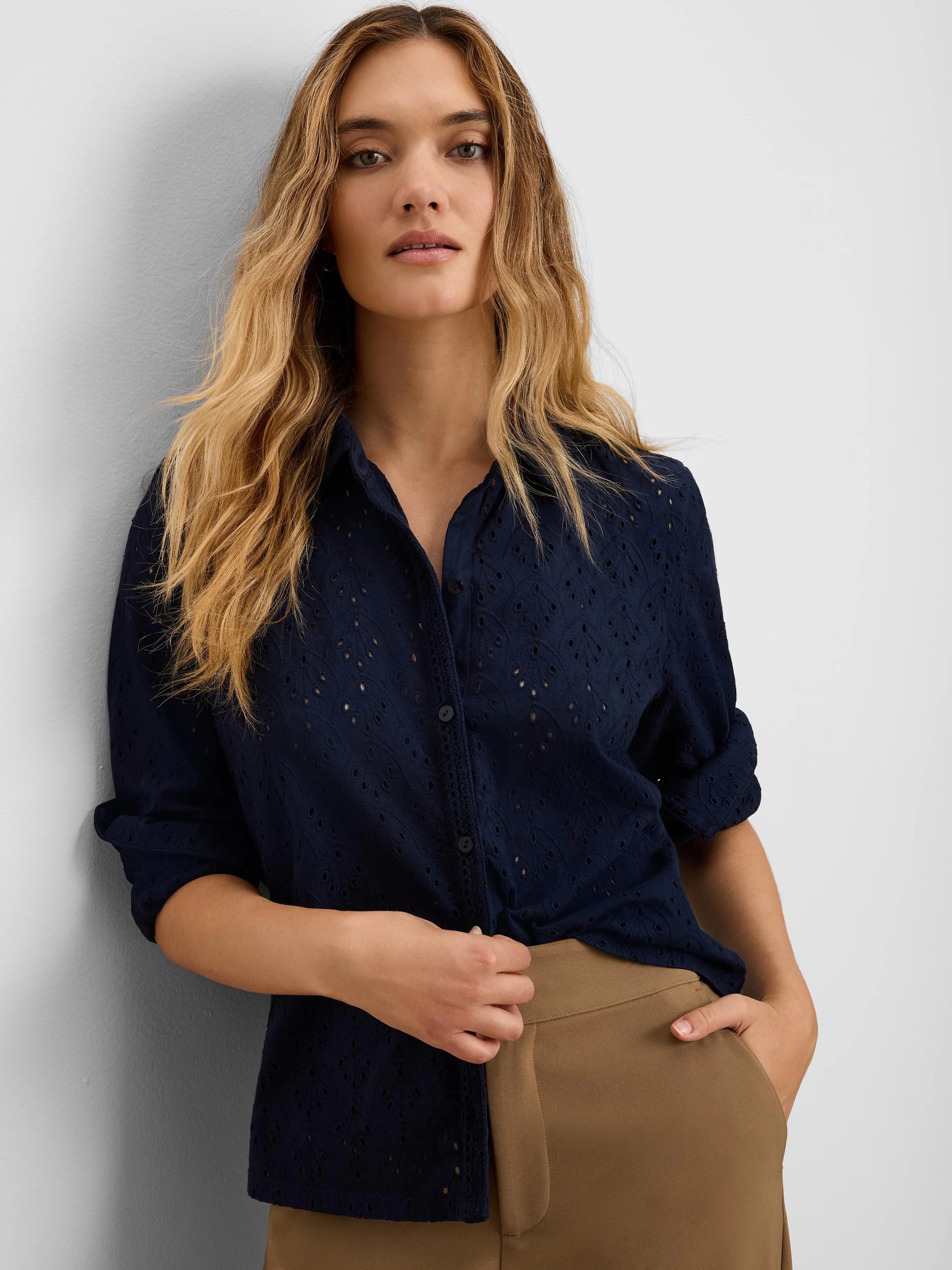 Dark navy knit eyelet top with collar, button front, and rolled elbow sleeves.