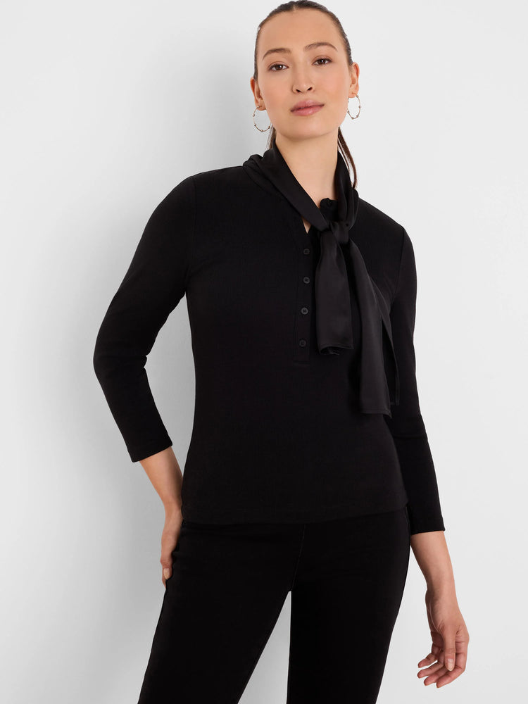 Black ribbed 3/4 sleeve top with 5-button placket and satin necktie.