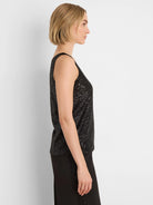 Black sequin knit tank top, covered in shimmering dark sequins.