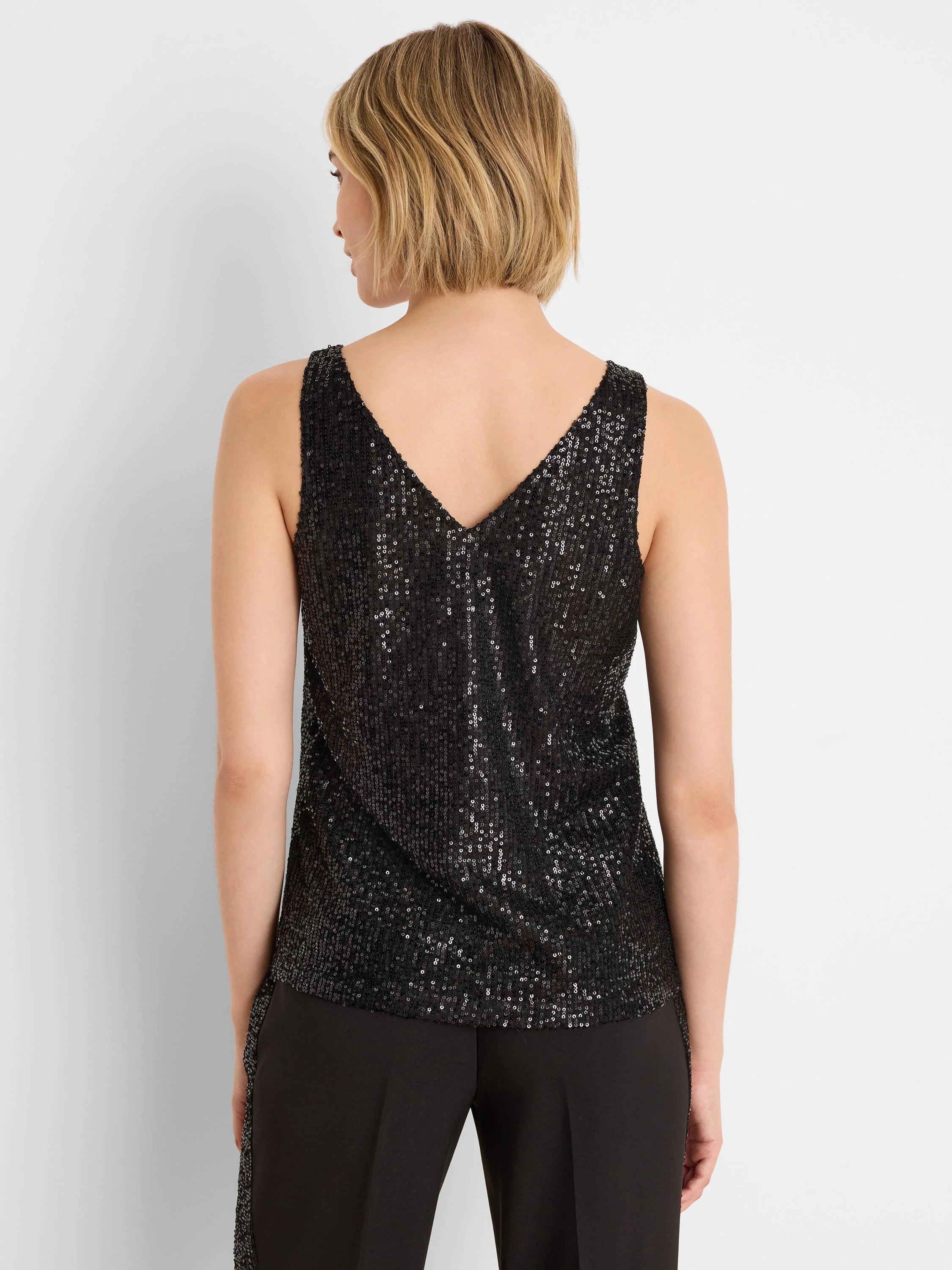 Black sequin knit tank top with a V-neck back.
