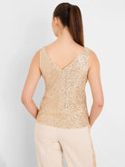 Gold sequin tank top, sleeveless, with a V-neck back.