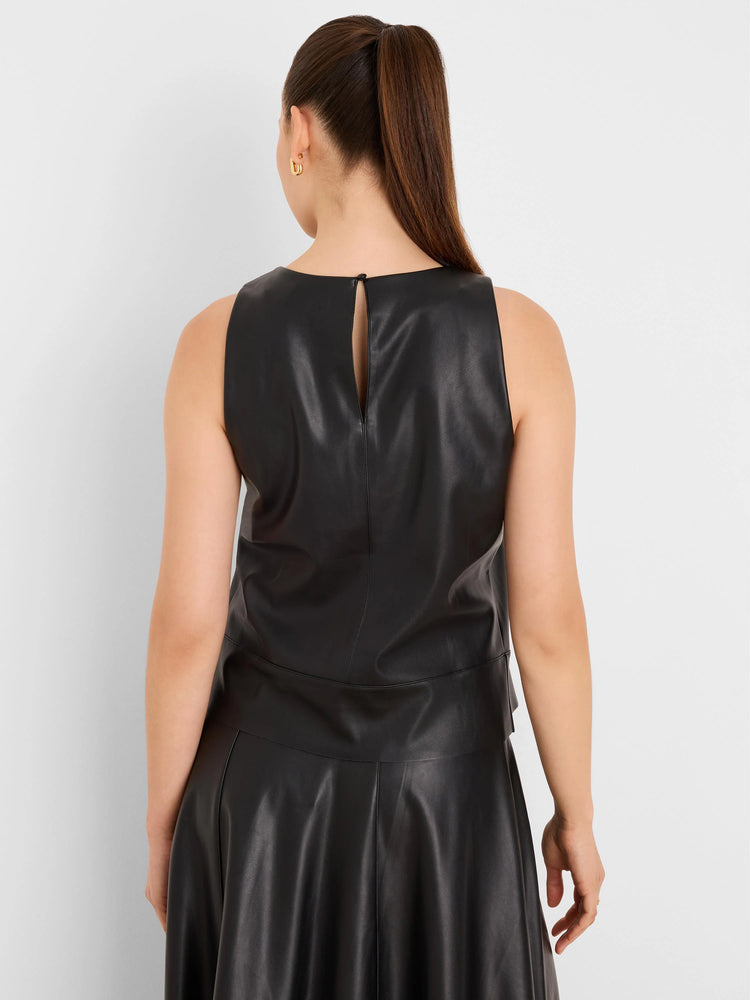 Black vegan leather sleeveless top, back view. Features a keyhole opening with a button closure at the neck.
