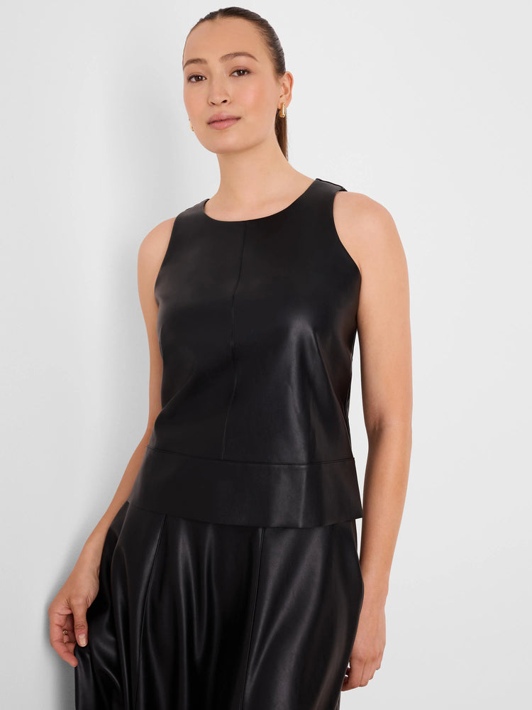 Black vegan leather sleeveless top with a round neck, central vertical seams, and a wide hem band.
