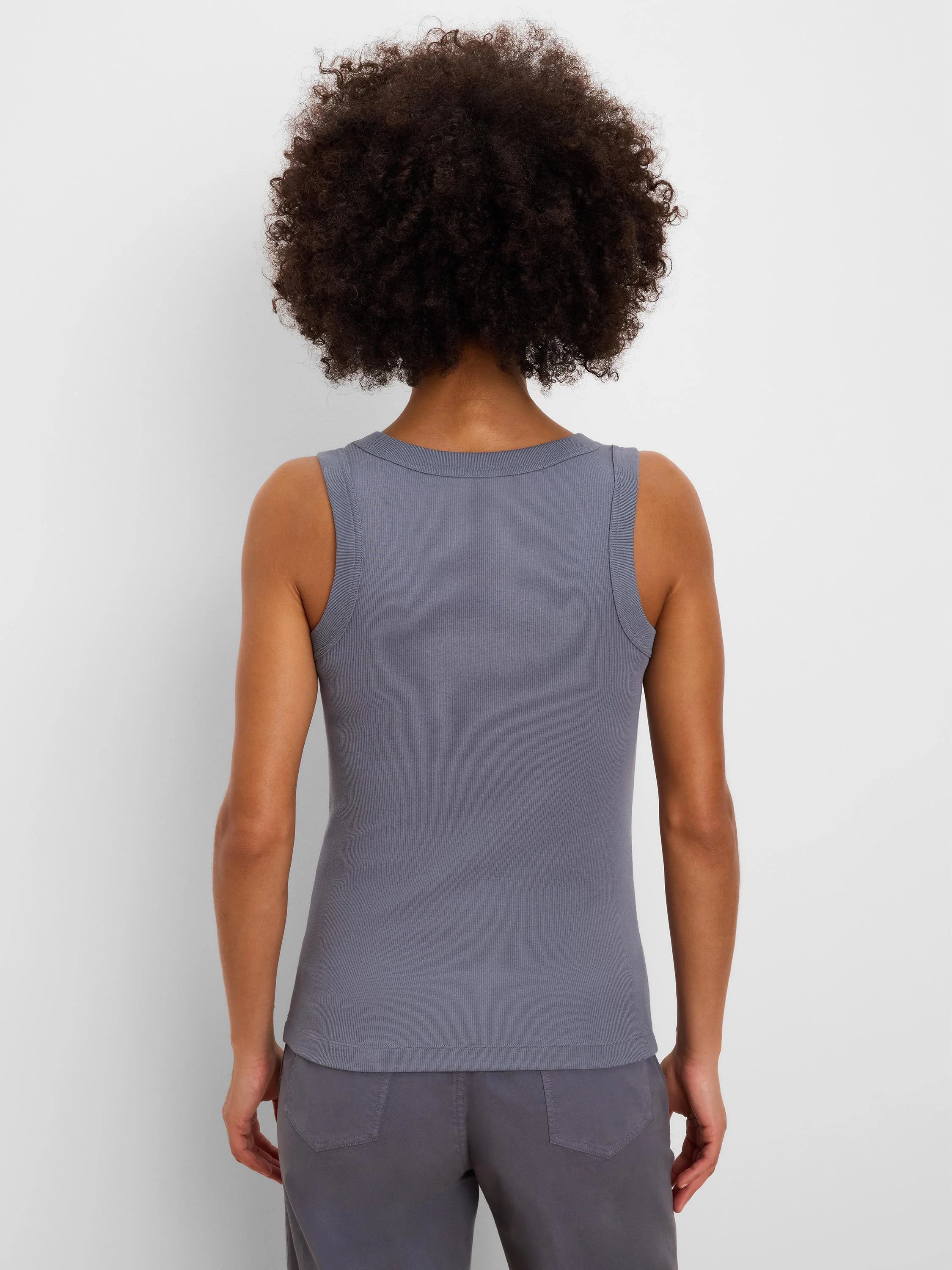 Slate grey ribbed knit scoop tank, back view.