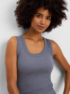 Fitted blue-gray ribbed knit scoop tank.