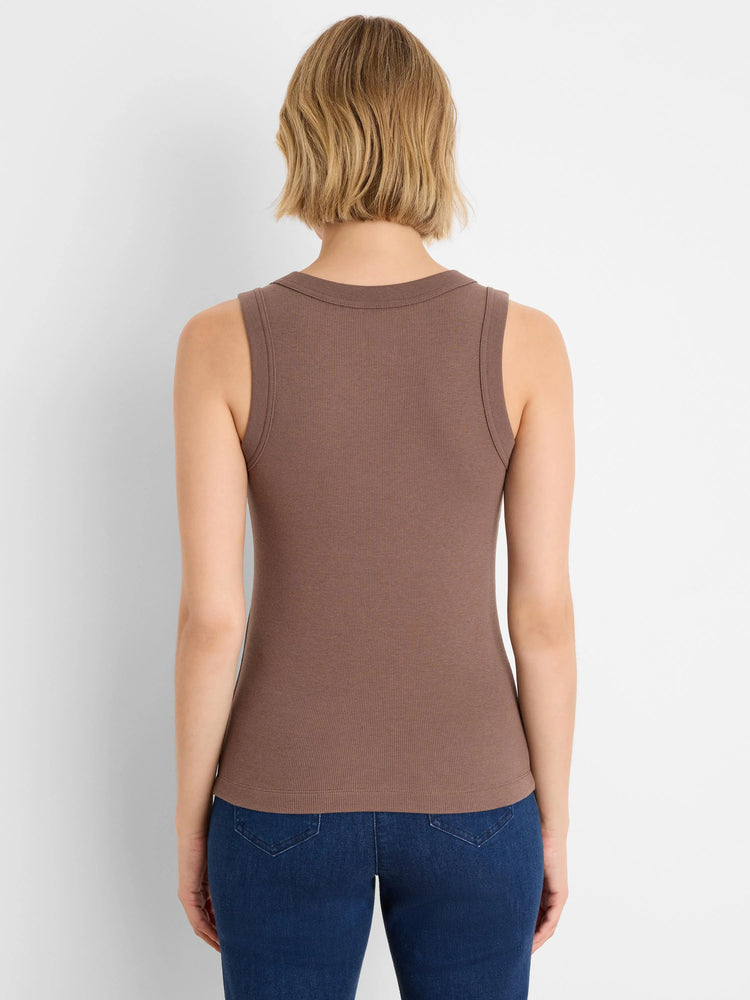 Brown ribbed knit tank top, back view. Rounded back neckline, vertical rib texture.